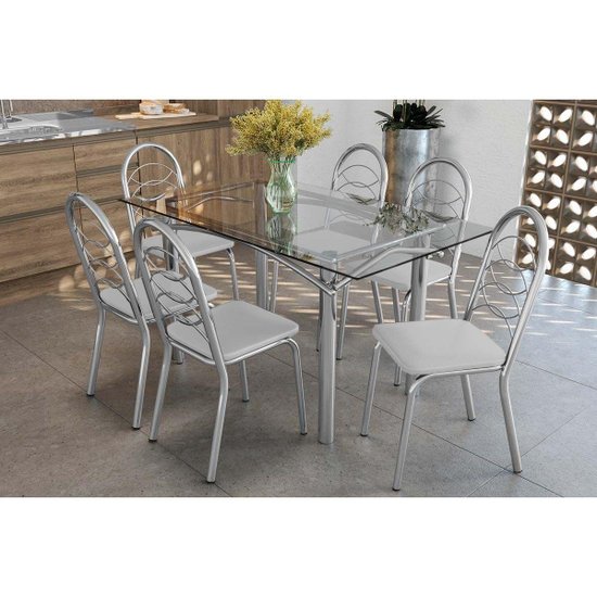 Sala de Jantar Completa Elba c/ Tampo de Vidro 150cm e 6 Cadeiras Holanda Cromada - Courano Branco - Kappesberg