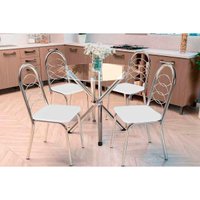Sala de Jantar Completa Volga c/ Tampo de Vidro 95cm e 4 Cadeiras Holanda Cromada - Courano Branco - Kappesberg