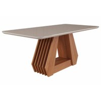 Mesa p/ Cozinha Ágata c/ Tampo Madeirado Vidro 180x90cm Cinamomo/Off White - Cimol