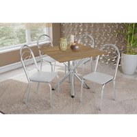 Conjunto: Mesa Sala Jantar Volga c/ Tampo de Madeira 90cm e 4 Cadeiras Holanda Cromado/Nogueira - Branco - Kappesberg