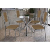 Conjunto: Mesa Sala Jantar Volga c/ Tampo de Vidro 95cm e 4 Cadeiras Lisboa Cromada - Courano Capuccino - Kappesberg