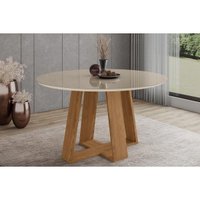 Mesa p/ Cozinha Lins SC130 c/ Tampo Madeirado c/ Vidro Redondo 140x140cm Nature/Off White - Henn