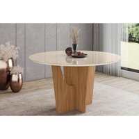 Mesa p/ Cozinha Vértice SC131 c/ Tampo Madeirado c/ Vidro Redondo 140x140cm Nature/Off White - Henn