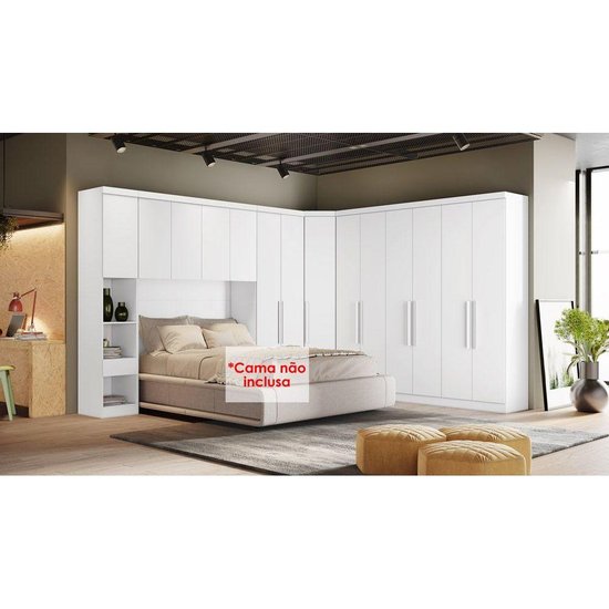 Quarto Modulado Rizon 5 Peças (1 Armário Ponte + 1 Closet + 2 Guarda Roupas + 1 Complemento) QC201 Neve - Novo Horizonte