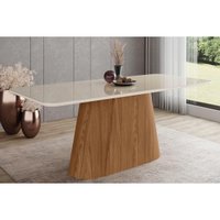 Mesa p/ Cozinha Olivia SC121 c/ Tampo Madeirado c/ Vidro Curvo 200x90cm Nature/Off White - Henn
