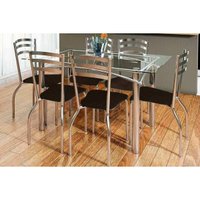 Conjunto: Mesa Sala Jantar Elba c/ Tampo de Vidro 150cm e 6 Cadeiras Portugal Cromada - Courano Marrom - Kappesberg