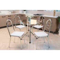 Conjunto: Mesa Sala Jantar Volga c/ Tampo de Vidro 95cm e 4 Cadeiras Holanda Cromada - Courano Branco - Kappesberg