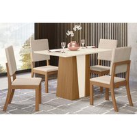 Conjunto: Mesa de Cozinha Orus c/ Tampo Madeirado 120x80cm e 4 Cadeiras Milla Nature/Off White - Linho Bege - Henn