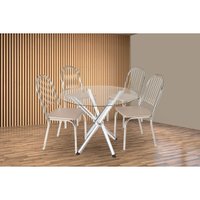 Conjunto: Mesa Sala Jantar Volga c/ Tampo de Vidro 95cm e 4 Cadeiras Noruega Cromada - Courano Bege - Kappesberg