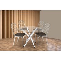 Conjunto: Mesa Sala Jantar Volga c/ Tampo de Vidro 95cm e 4 Cadeiras Noruega Cromada - Courano Preto - Kappesberg