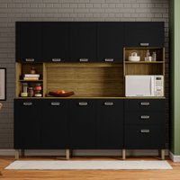 Armário de Cozinha com Balcão July 10 Portas 2 Gavetas Freijó/Nero - Pnr Móveis