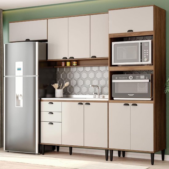 Armário de Cozinha Completa c/ Balcão Lótus Box Carraro Freijó com Off White