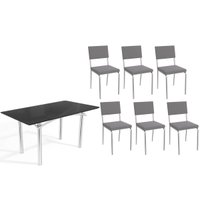 Sala de Jantar Completa Elba Tampo Madeirado c/ Vidro 160cm e 6 Cadeiras Zaria Cromada/Preto - Suede Cinza - Kappesberg