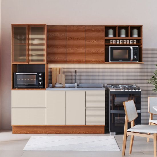 Cozinha Completa Auris 7 Portas 5 Gavetas 100% Mdf Ripado com Vidro Off White/Canela - Genialflex