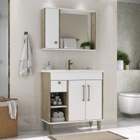 Armário de Banheiro Patina 3 Portas 1 Gaveta com Cuba Branco/Carvalho Cartagena - Ozini Móveis