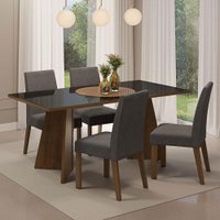 Conjunto Sala de Jantar Mesa Tampo de Vidro 4 Cadeiras Taylor Madesa Rustic/Preto/Silver