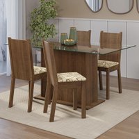 Conjunto Sala de Jantar Mesa Tampo de Vidro 4 Cadeiras Espanha Madesa Rustic/Lírio Bege
