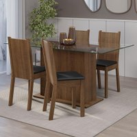 Conjunto Sala de Jantar Mesa Tampo de Vidro 4 Cadeiras Espanha Madesa Rustic/Preto