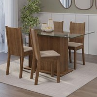 Conjunto Sala de Jantar Mesa Tampo de Vidro 4 Cadeiras Espanha Madesa Rustic/Sintético Bege