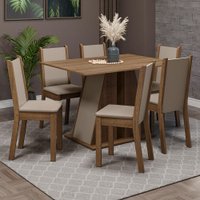 Conjunto Sala de Jantar Mesa Tampo de Madeira 6 Cadeiras Wendy Madesa Rustic/Crema/Sintético Bege