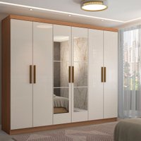 Guarda-Roupa Casal Odisseia 6 Portas 2 Gavetas com Espelho Cinamomo/Off White - Panorama Móveis