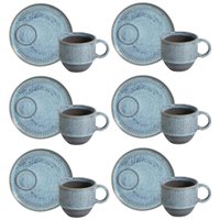 Conjunto 6 Xícaras de Chá 230ml Empilhável com Pires Linhas Breeze Azul Mesa Posta Café da Manhã