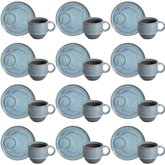 Jogo 12 Xícaras de Chá Empilhável com Pires Azul 230ml Linhas Breeze Mesa Posta Café da Manhã Porto Brasil