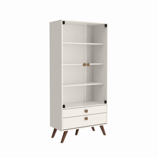 Cristaleira Retrô Off White com 2 Gavetas Portas de Vidro e Pés Palito RT 3151 Movelbento