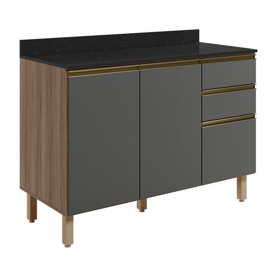 Balcao Com Tampo 2P 3G 120cm MDF Kali 16417 Carvalho Toq Chumbo Nicioli