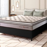 Conjunto Cama Box Preto c/ Molas Ensacadas Liverpool Bege Casal 138x188x73