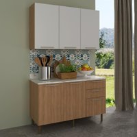Cozinha Compacta com Armário e Balcão com Tampo 120cm Multimóveis CR20447 Freijó/Branco/Mármore Branco