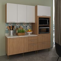 Cozinha Compacta 3 Peças com Armário Paneleiro e Balcão com Tampo Multimóveis CR20450 Freijó/Branco/Mármore Branco