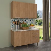 Cozinha Compacta com Armário e Balcão com Tampo 120cm Multimóveis CR20447 Freijó/Mármore Branco