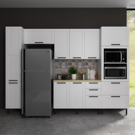 Cozinha Completa Modulada MDF 5 Peças com Balcão com Tampo Multimóveis CR20455 Branco/Carvalho Tropical