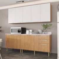 Cozinha Compacta 4 Peças com Armário e Balcão com Tampo Multimóveis CR20448 Freijó/Branco/Mármore Branco