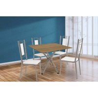Conjunto: Mesa Sala Jantar Volga c/ Tampo de Madeira 90cm e 4 Cadeiras Florença Niquel/Nogueira - Branco - Kappesberg
