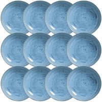 Kit 12 Pratos Fundos 830ml Cerâmica Azul Linhas Breeze 22,5cm Mesa Jantar Porto Brasil