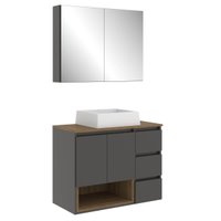 Conjunto Gabinete de Banheiro 80cm Mel Grafite Vitória com Espelheira e Cuba MDP Faema