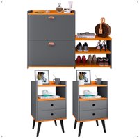 Kit 2 Mesas Cabeceira Mesinha Lateral Cama Sapateira Vertical Milano Banquinho Organizador Quarto Cinza/Cinamomo - RPM