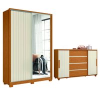Conjunto de Quarto Guarda Roupas com Espelho 2 Portas de Correr e Cômoda Hera Flex Madeirado/Off Whi