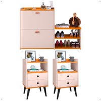 Kit 2 Mesas Cabeceira Mesinha Lateral Cama Sapateira Vertical Banquinho Organizador Quarto Off White/Cinamomo - RPM