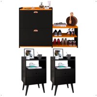 Kit 2 Mesas Cabeceira Preto Mesinha Lateral Cama Sapateira Vertical Milano Banquinho Organizador Quarto Cinamomo - RPM