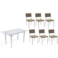 Sala de Jantar Completa Elba c/ Tampo de Vidro 140cm e 6 Cadeiras Zaria Cromada - Suede Bege - Kappesberg