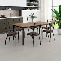 Conjunto de Mesa Retangular com Tampo de MDP Amadeirado e 6 Cadeiras Adriana I Revestimento Sintético Palha e Preto