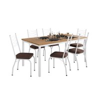 Conjunto de Mesa Retangular com Tampo de MDP Amadeirado e 6 Cadeiras Adriana I Revestimento Sintético Imbuia e Branco
