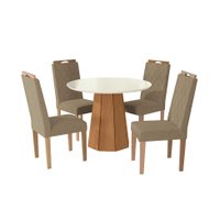 Conjunto de Mesa de Jantar Redonda com Tampo de Vidro Off White e 4 Cadeiras Jade Bouclé Fendi e Eucalipto
