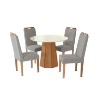 Conjunto de Mesa de Jantar Redonda com Tampo de Vidro Off White e 4 Cadeiras Jade Bouclé Cinza e Eucalipto
