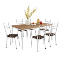 Conjunto de Mesa Retangular com Tampo de MDP Amadeirado e 6 Cadeiras Adriana III Revestimento Sintético Palha e Branco