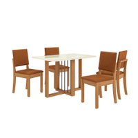 Conjunto de Mesa de Jantar Retangular com Tampo de Vidro Off White Antonela e 4 Cadeiras Lunas Bouclé Terracota e Canela