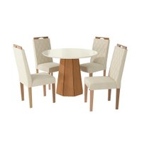 Conjunto de Mesa de Jantar Redonda com Tampo de Vidro Off White e 4 Cadeiras Jade Linho Areia e Eucalipto